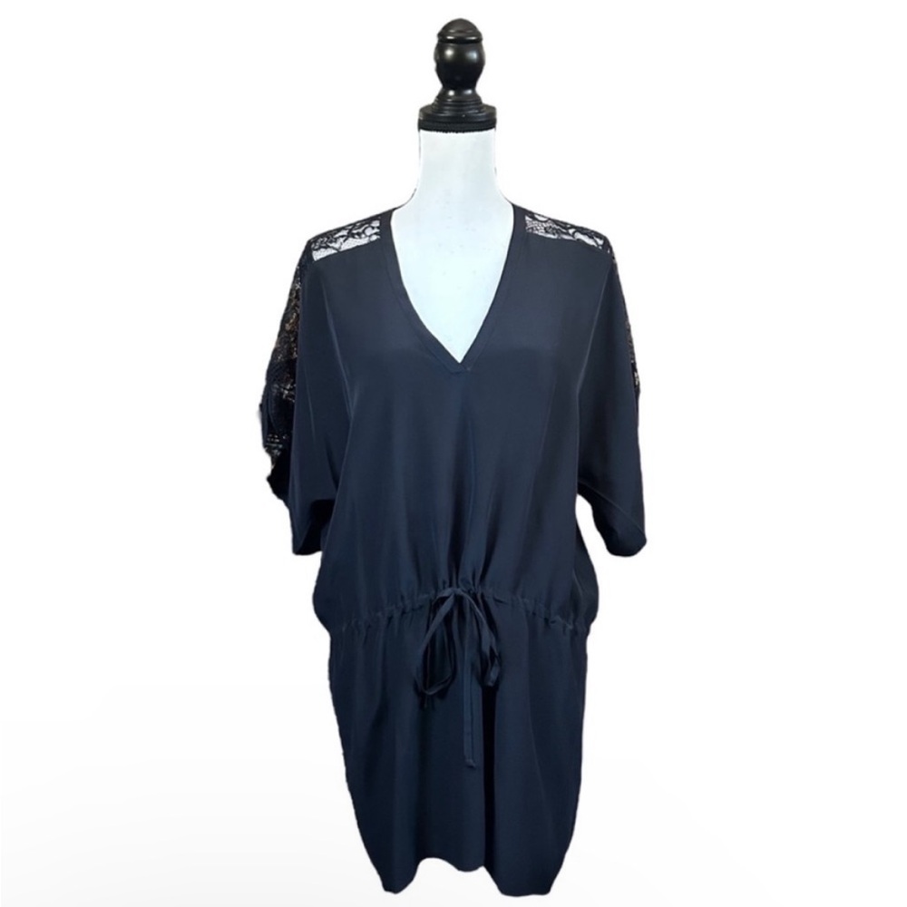 Mason 100% Silk Drop Tie Waist Mini Dress Kimono Sleeve Black Lace Witchy Size 6